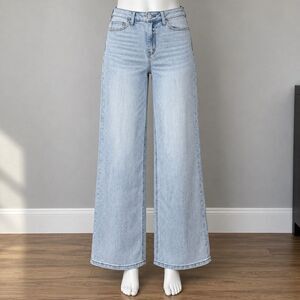 ONESO Womens 28 Light Wash Wide Leg Jeans Mid Rise Baggy Y2K Stretch Denim